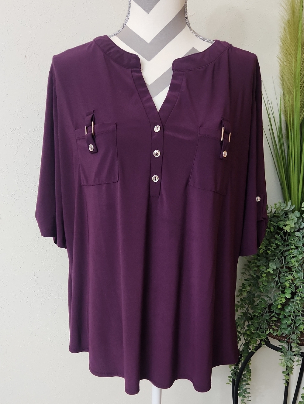 PerSeption Deep Plum Button-Front Pocket Blouse Top